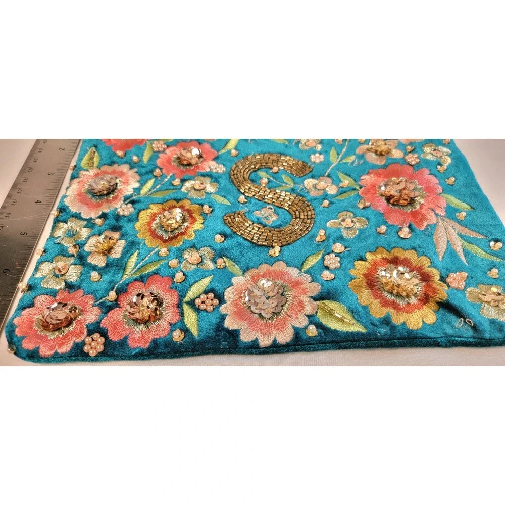 From India To You Teal Velvet Floral Embroidered Beaded Initial S Pouch Bag NEW